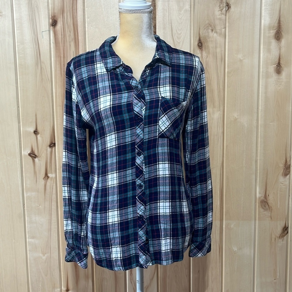 Rails Teal and Navy Plaid Button Down Shirt Size M